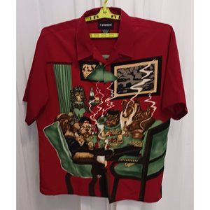 Vintage XL Men's Y2K Smoking Dogs Playing Poker Button Down Shirt 100% Polyester